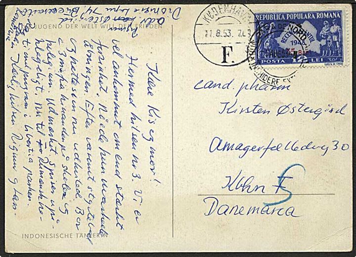 35/12 Bani Provisorium single på brevkort fra Bucuresti d. 6.8.1953 til København, Danmark.