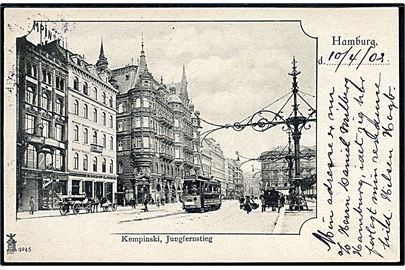 Hamburg. Jungfrenstieg med Kempinski og Sporvogn. No. 9245. Med 10 pf. Germania sendt d. 10.04.1902 til Stavanger, Norge. 