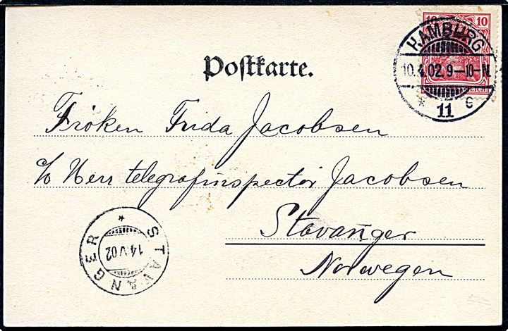Hamburg. Jungfrenstieg med Kempinski og Sporvogn. No. 9245. Med 10 pf. Germania sendt d. 10.04.1902 til Stavanger, Norge. 