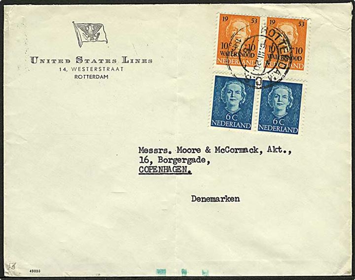 6 c. Wilhelmina (par) og 10+10 c. 1953 Watersnood provisorium i parstykke på brev fra Rotterdam d. 6.3.1953 til København, Danmark.