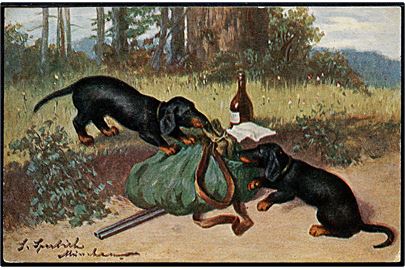 Tegnet kort med 2 gravhunde der stjæler jægerens bytte!. Serie 1332.
