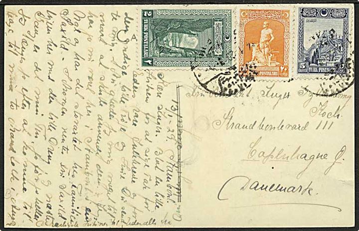 Blandingsfrankeret brevkort fra Istanbul d. 13.1.1929 til København, Danmark.