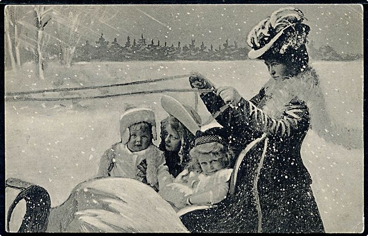 Ludvig Møgelgaard: Tegnet julekort med: Maud, Paula & Alex Vincent Junr. + 1 barnepige. A. Vincent no. 119/2.