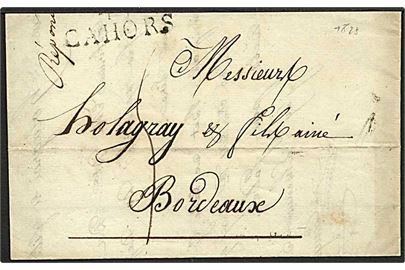 1823. Foldebrev liniestempel Cahors dateret d. 2.6.1823 til Bordeaux.