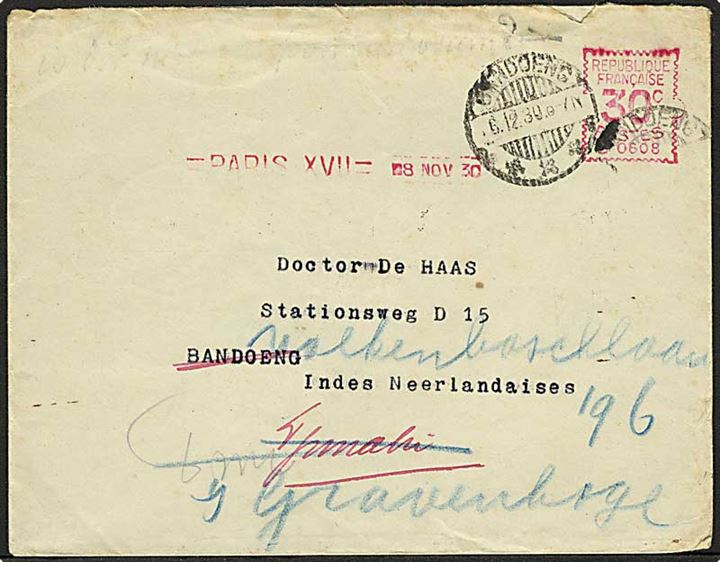 30 c. franko frankeret brev fra Paris d. 8.11.1930 til Bandoeng, Hollandsk Ostindien - eftersendt til Tjimahi og s/Gravenhage, Holland.