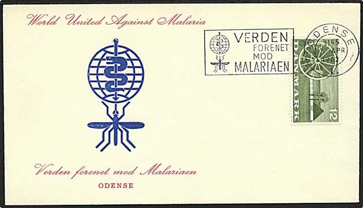 12 øre Landbrug på uadresseret kuvert annulleret med TMS Verden forenet mod Malaria/Odense 1. d. 7.4.1962.