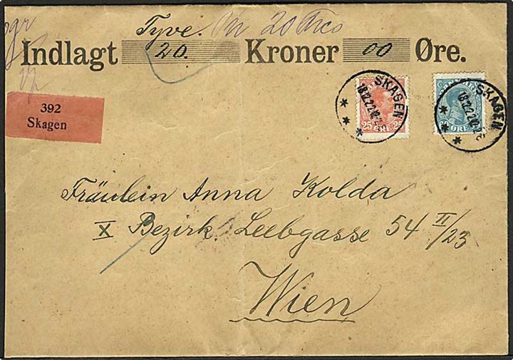 25 øre og 60 øre Chr. X på værdibrev fra Skagen d. 18.12.1922 til Wien, Østrig. På bagsiden 2 laksegl fra: (krone) Telegrafstation Skagen.
