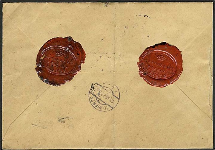 25 øre og 60 øre Chr. X på værdibrev fra Skagen d. 18.12.1922 til Wien, Østrig. På bagsiden 2 laksegl fra: (krone) Telegrafstation Skagen.