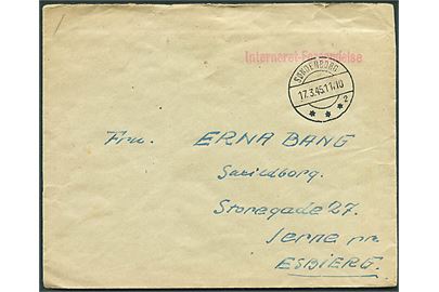 Ufrankeret brev med liniestempel Interneret-Forsendelse stemplet Sønderborg d. 17.3.1945 til Jerne pr. Esbjerg. Sendt fra indsat, Ove Bang, i Interneringslejren Frøslev pr. Faarhus. 