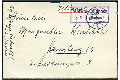 Feltpostbrev fra Aarösund d. 21.10.1914 til Hamburg med rammestempel: “Marine-Feldpost S.M.S. Undine”. Den lette krydser “Undine” fik først MSP 91 stempel i april 1915 og blev sænket af den britiske ubåd E19 ved Kap Arkona d. 7.11.1915. Fuldt indhold.