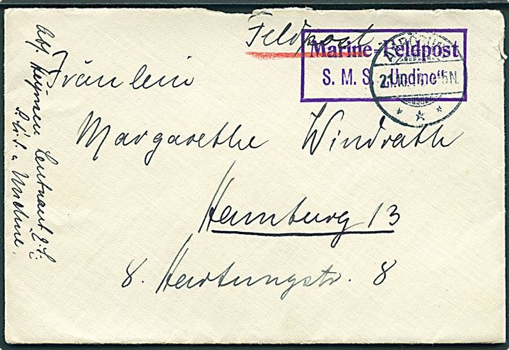 Feltpostbrev fra Aarösund d. 21.10.1914 til Hamburg med rammestempel: “Marine-Feldpost S.M.S. Undine”. Den lette krydser “Undine” fik først MSP 91 stempel i april 1915 og blev sænket af den britiske ubåd E19 ved Kap Arkona d. 7.11.1915. Fuldt indhold.