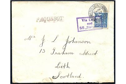 30 øre Karavel på skibsbrev fra Færøerne annulleret med skotsk stempel i Edinburgh d. 2.5.1934 og sidestemplet både “Paquebot” og rammestempel: Via Leith med S/S “Sleipner” til Leith, Scotland. Rifter på bagsiden.