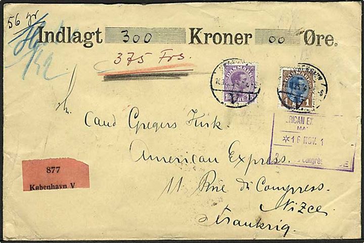 15 øre og 1 kr. Chr. X på værdibrev fra København d. 10.11.1925 til Nice, Frankrig.