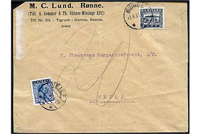 20 øre Genforening på underfrankeret brev fra Rønne d. 7.11.1921 til Vejle. Udtakseret i porto med 20 øre Chr. X Porto-provisorium stemplet Veile d. 7.11.1921. Lodret fold.