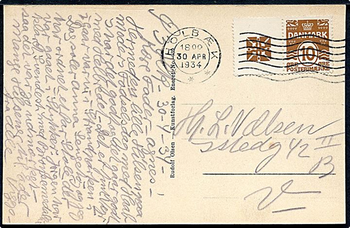 10 øre Bølgelinie og Korstegning Reklamemærke i sammentryk på brevkort fra Holbæk d. 30.4.1934 til København.