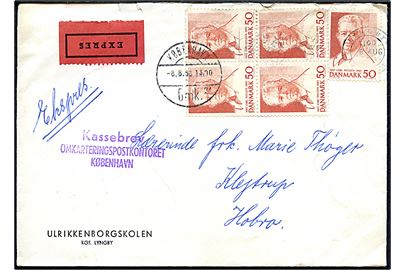 50 øre Carl Nielsen (5) på ekspresbrev fra Lyngby d. 8.8.1965 via København Omk. til Klejtrup pr. Hobro. Violet stempel Kassebrev / Omkarteringspostkontoret / København.