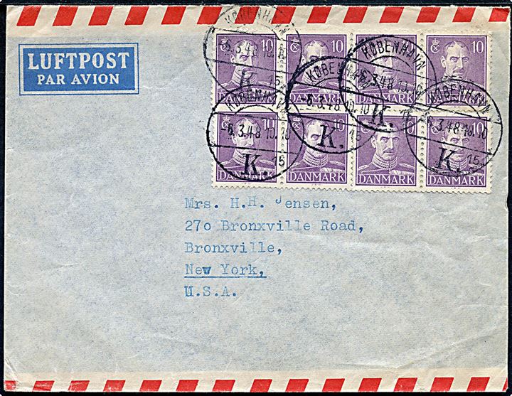 10 øre Chr. X (8) på luftpostbrev fra København d. 6.3.1948 til Bronxville, USA.