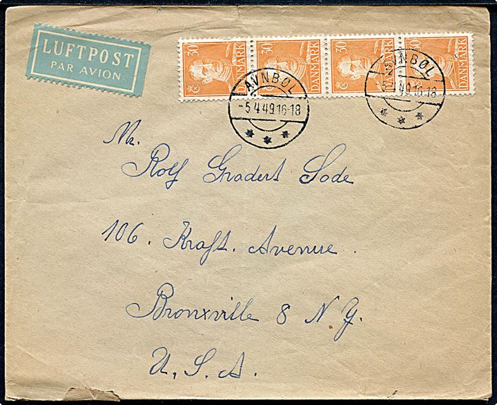 30 øre Chr. X i 4-stribe på luftpostbrev fra Avnbøl d. 5.4.1949 til Bronxville, USA.
