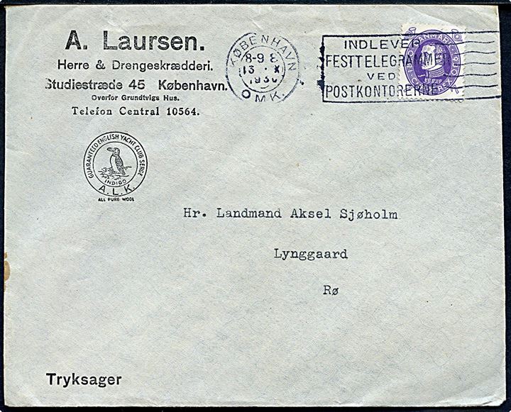 7 øre Chr. X 60 år single på tryksag fra København d. 13.10.1930 til Rø på Bornholm.