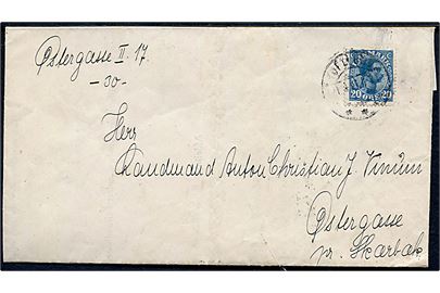 20 øre Chr. X på foldebrev fra Dommerkontoret i Toftlund d. 125.3.1921 til Østergasse pr. Skærbæk. Fuldt indhold.