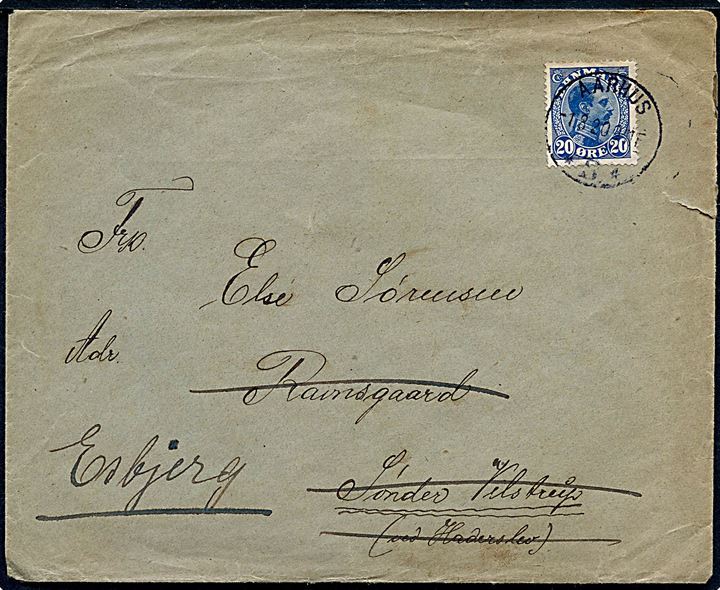 20 øre Chr. X på brev fra Aarhus d. 1.8.1920 til Sønder Vilstrup pr. Haderslev - eftersendt til Esbjerg. 
