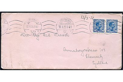 20 øre Chr. X i parstykke på brev fra København d. 12.3.1921 til Chemnitz, Tyskland.