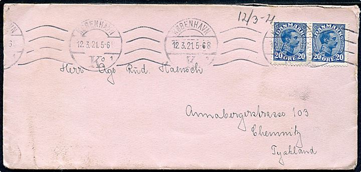 20 øre Chr. X i parstykke på brev fra København d. 12.3.1921 til Chemnitz, Tyskland.