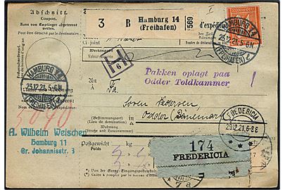 40 pfg. Ciffer, 5 mk./75 pfg. Provisorium (2) og 20 mk. (par) på 50,40 mk. frankeret adressekort for pakke fra Hamburg Freihafen d. 23.12.1921 via Fredericia til Odder, Danmark.