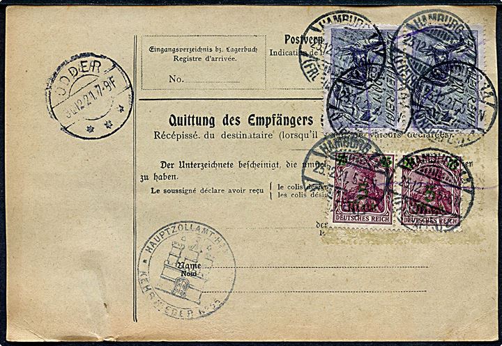 40 pfg. Ciffer, 5 mk./75 pfg. Provisorium (2) og 20 mk. (par) på 50,40 mk. frankeret adressekort for pakke fra Hamburg Freihafen d. 23.12.1921 via Fredericia til Odder, Danmark.