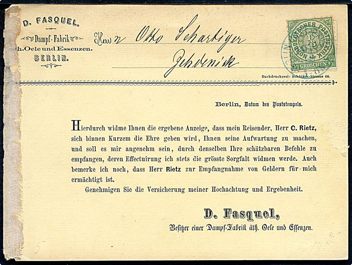 1/3 gr. stukken kant på tryksag fra Berlin d. 24.10.1868 til Zehdenick. Spor efter opklæbning i venstre side.