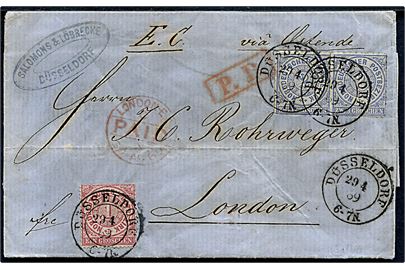 1 gr. og 2 gr. (par) på brev fra Düsseldorf d. 29.4.1869 til London, England. Ank.stemplet d. 30.4.1869.