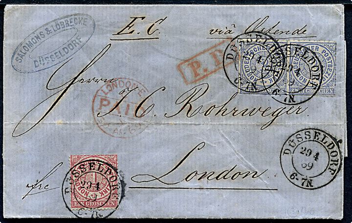 1 gr. og 2 gr. (par) på brev fra Düsseldorf d. 29.4.1869 til London, England. Ank.stemplet d. 30.4.1869.