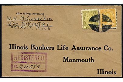 8 cents Washington og 10 cents Monroe på anbefalet brev annulleret med stumt stempel fra Detroit d. 18.9.1933 til Monmouth.