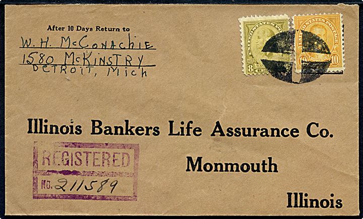 8 cents Washington og 10 cents Monroe på anbefalet brev annulleret med stumt stempel fra Detroit d. 18.9.1933 til Monmouth.