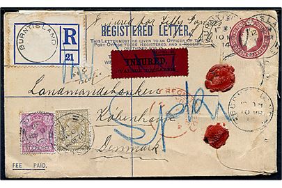 3d George V anbefalet helsagskuvert opfrankeret med 6d og 1 sh. George V sendt som værdibrev fra Bruntisland d. 10.3.1914 via London til København, Danmark.