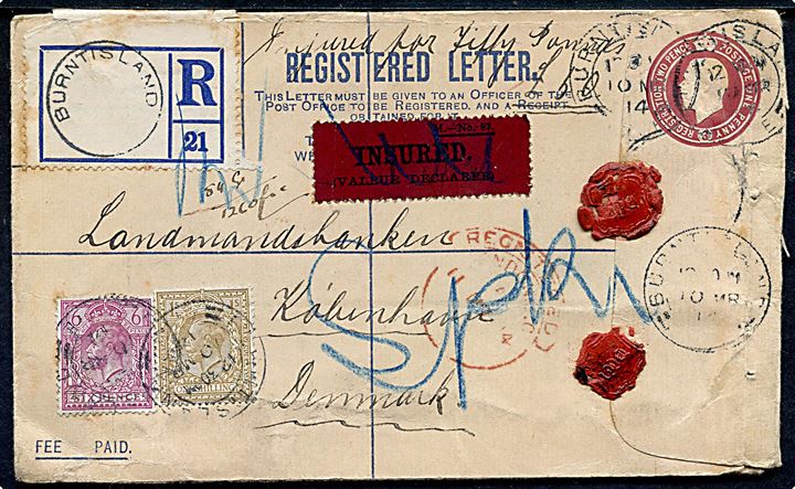 3d George V anbefalet helsagskuvert opfrankeret med 6d og 1 sh. George V sendt som værdibrev fra Bruntisland d. 10.3.1914 via London til København, Danmark.