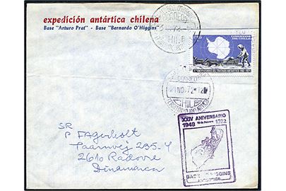 1,15 E. Antarktisk traktat 10 år på ekspeditionskuvert annulleret ved de to chilenske baser på Antarktis i Arhuro Prat d. 21.11.1972 og Bernardo O'Higgins d. 3.?.1972 til Rødovre, Danmark. 