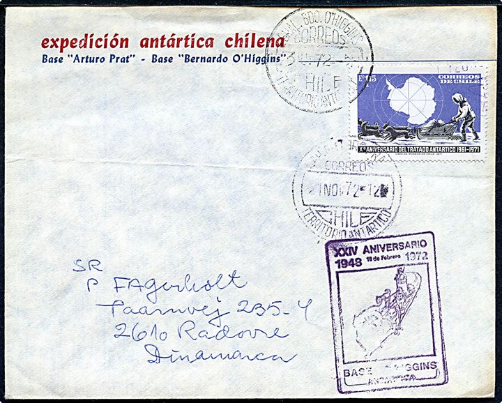 1,15 E. Antarktisk traktat 10 år på ekspeditionskuvert annulleret ved de to chilenske baser på Antarktis i Arhuro Prat d. 21.11.1972 og Bernardo O'Higgins d. 3.?.1972 til Rødovre, Danmark. 