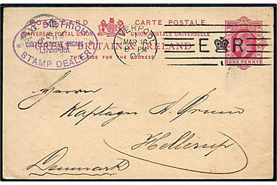 1d Edward VII helsagsbrevkort fra Stamp Dealer C. G. Dietricht i Liverpool d. 16.3.1904 til Hellerup, Danmark.