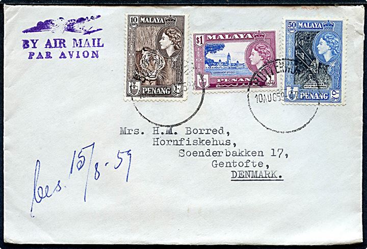 10 c., 50 c. og $1 Elizabeth Malaya Penang udg. på luftpostbrev fra Butterworth d. 10.8.1959 til Gentofte, Danmark.