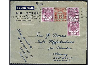 5 cents Malaya Air Letter opfrankeret med 10 c. Malaya Kedah (3) udg. stemplet SG. Patani d. 20.1.1956 til Norge. Sendt fra Brigade of Gurkha depot i Sungai Patani