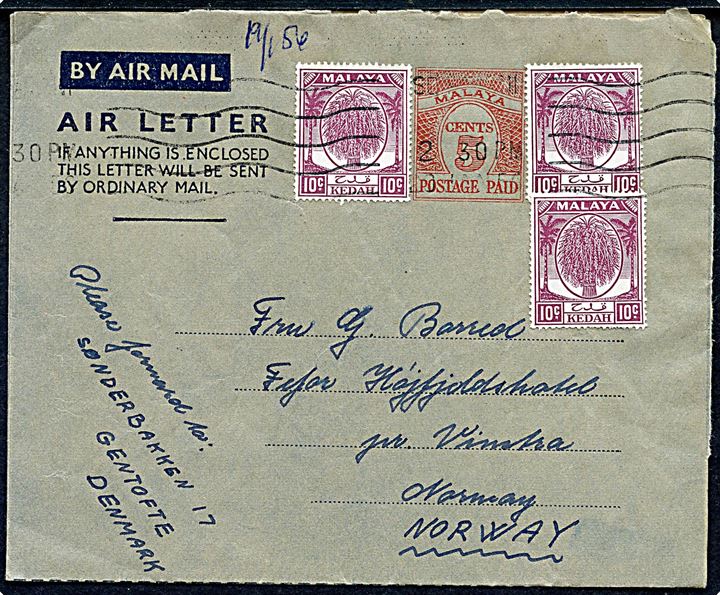 5 cents Malaya Air Letter opfrankeret med 10 c. Malaya Kedah (3) udg. stemplet SG. Patani d. 20.1.1956 til Norge. Sendt fra Brigade of Gurkha depot i Sungai Patani