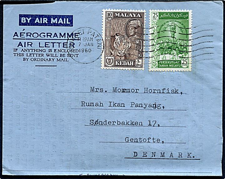 10 c. Malaya Kehad og 25 c. Federation of Malaya på aerogram fra Sungai Patani d. 7.1.1960 til Gentofte, Danmark.