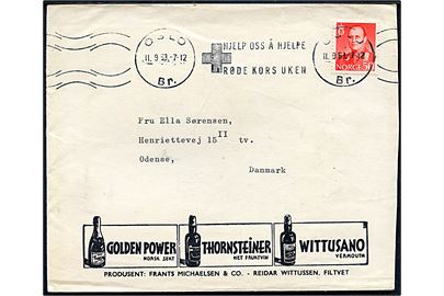 50 øre Olav på illustreret firmakuvert fra vinfirma annulleret med Røde Kors TMS stempel Oslo d. 11.9.1963 til Odense, Danmark.
