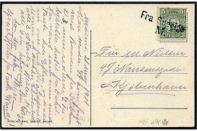 5 øre Gustaf V på brevkort dateret d. 21.5.1911 annulleret med skibstempel Fra Sverige M. til København.