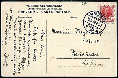 10 øre Fr. VIII med perfin Ø.K. (Østasiatisk Kompagni) på brevkort fra Klampenborg d. 30.11.1909 til Neuchatel, Schweiz.