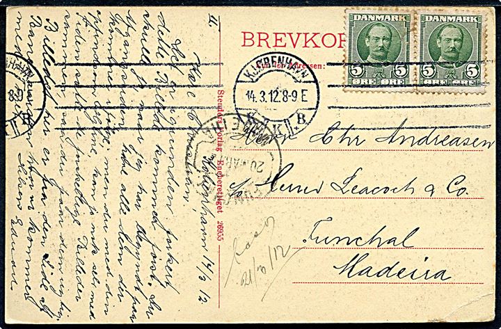 5 øre Fr. VIII i parstykke på brevkort (København, den nye banegårds hal.) fra Kjøbenhavn d. 14.3.1912 til Funchal, Madeira. 