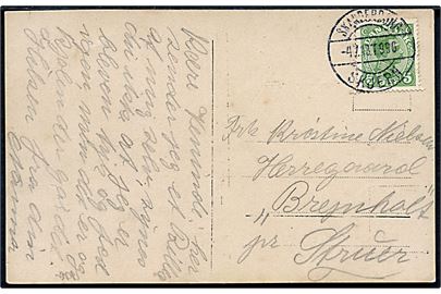 5 øre Chr. X på brevkort annulleret med bureaustempel Skanderborg - Skjern T.996 d. 4.7.1918 til Struer.