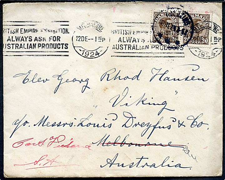 20 øre Chr. X i parstykke på brev annulleret med svagt stempel d. 17.11.1924 til elev ombord på skoleskibet Viking i Melbourne, Australien - eftersendt til Port Pirie, South Australia. Nusset.