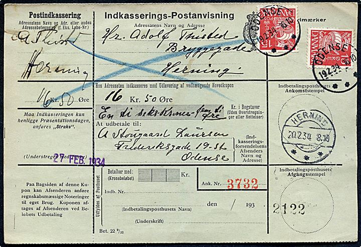 15 øre Karavel (2) på retur Indkasserings-Postanvisning fra Odense d. 19.2.1934 til Herning.